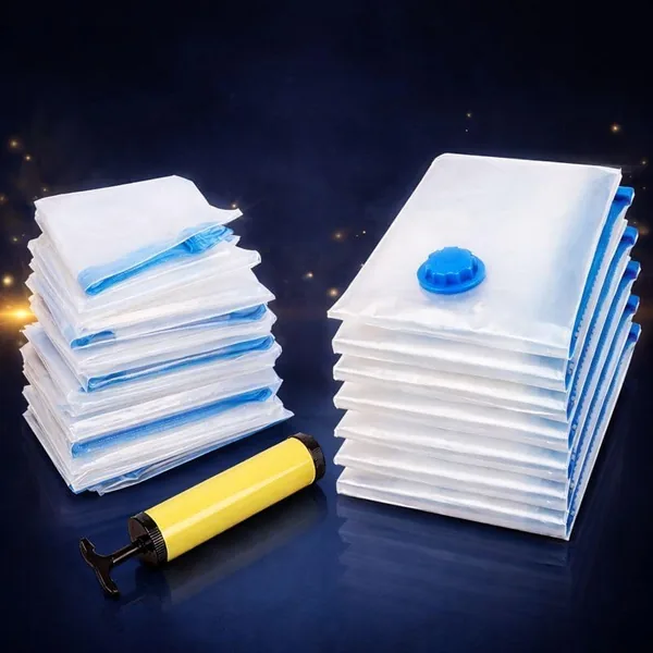 Kit com 10 Sacos a Vácuo Premium 50x60cm + Bomba Manual | Organizador de Viagem