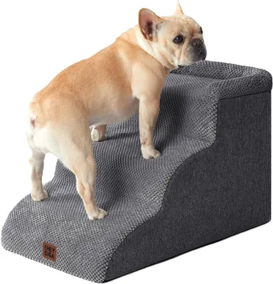 EHEYCIGA Hundetreppen für kleine Hunde, 35 cm hoch, 3 Stufen, Grau | Rutschfeste Tiertreppen für Sofa und Bett, Hochdichte Schaumstoffpolsterung, Waschbar