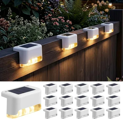 Iluminación Solar Qoosea, 16 Lámparas de Escalera Calentadas Blanco, Luces Impermeables para Decoración, Iluminación LED para Jardín Exterior