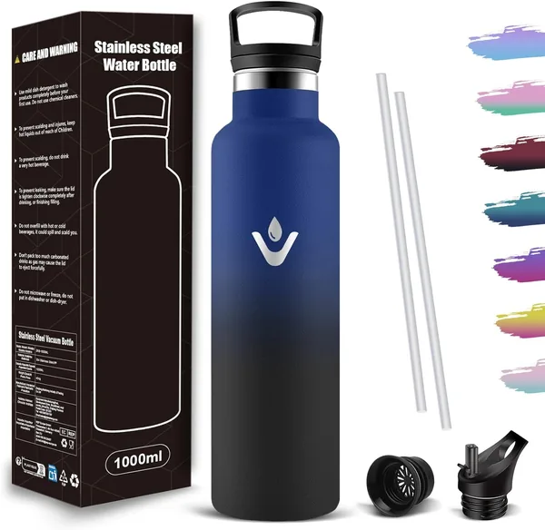 Mujigaga 1 Litre Thermal Water Bottle, Thermal Bottle with Straw, Vacuum Insulation, Leak-proof Design and BPA Free