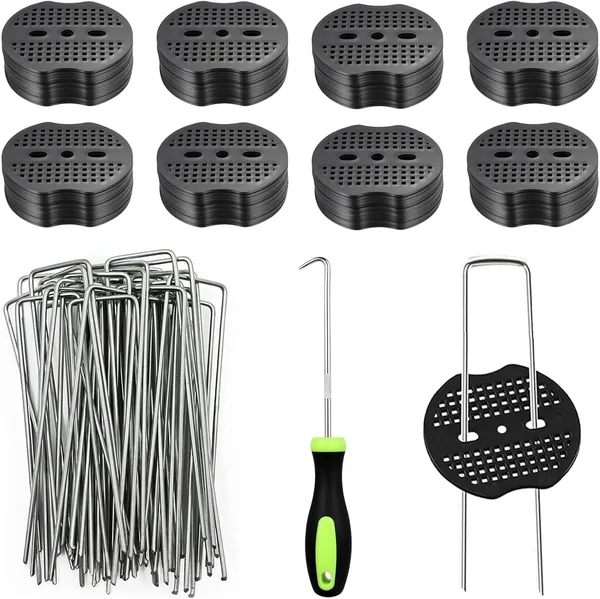 50 Pezzi picchetti telo pacciamatura+ 50 Pezzi Rondelle,Chiodi a Forma di U,Picchetti Telo Pacciamatura, Fissaggio per Erba Artificiale, Recinzione e Rete, Tessuto