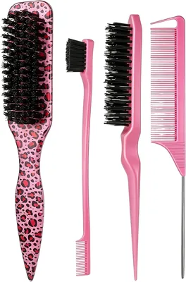 4 Pcs Pink Leopard Hair Brush Set - Tail Comb Styling Kit