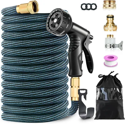 15% Rabatt auf die 45 m / 150 ft flexible Gartenhose mit 10-Funktionen-Dusche, 3/4 Zoll und 1/2 Zoll Messingverbindungen, 3