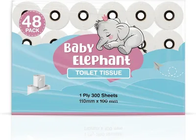 Baby Elephant Toilet Tissue, 1-Ply, 48 Roll Family Pack, White, Unscented, Septic Safe