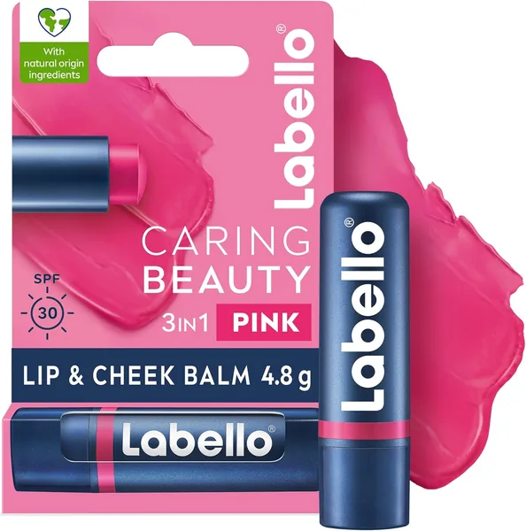 Labello Caring Beauty Lip & Cheek Balm Pink, 4.8g, 3-in-1 Colour, 24h Moisture & SPF 30 UV Protection - 20% Off