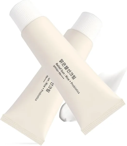 2PC Relief Sun Organic Sunscreen SPF50+,Rice Sun Screen Serum,PA++++ Rice and Probiotics Nourishing Sunblock,Moisturizing Korean Sunscreen Skin Care Cream
