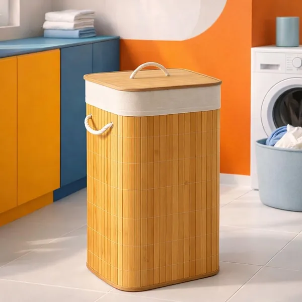 Cesto de Roupas em Bambu 72L com Tampa e Alças - Organizador Dobrável para Lavanderia, Capacidade Alta, Design Moderno