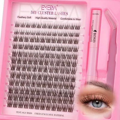 EMEDA Brun Kluster Lash-kit Med Kleb och Tweezers Naturlig 8-14mm Mix Fransk Kluster Kit Transparent Ribbon DIY - Best Deal