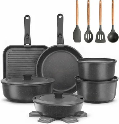 YASHE Induzione Cucina 21 Pezzi Anti-Tossica Senza PTFE e PFAS | Set Pentole e Padelle in Granito Non-Stick con Coperchio, Pentola, Spazio di Stoccaggio