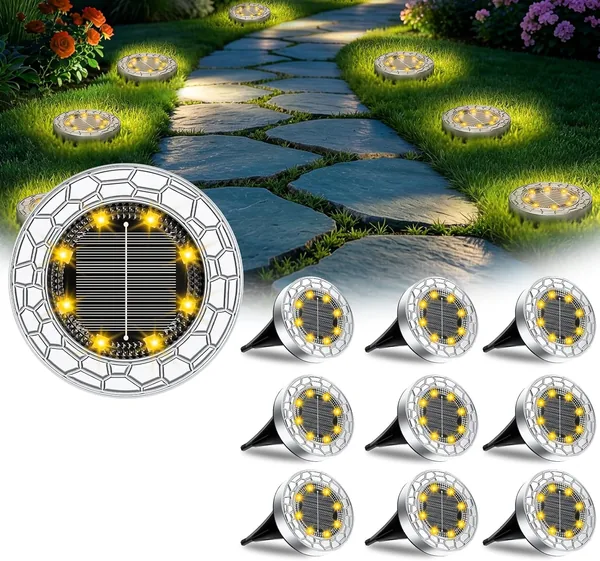 FIFlying Pack of 10 Solar Floor Lights Outdoor 8 LED Solar Lights for Outdoor Use IP65 Waterproof Garden Lighting Warm White Solar Lights for Garden Path Driveway Lawn Walkway Patio