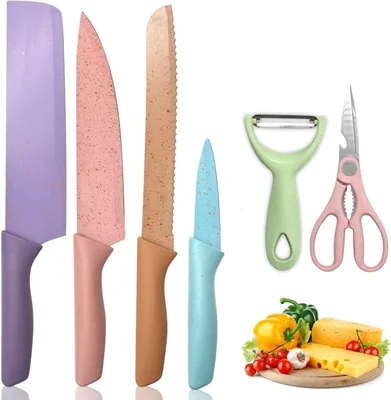 6 Pcs Colorful Knife Set, Stainless Steel Blades, Non-Stick Coating