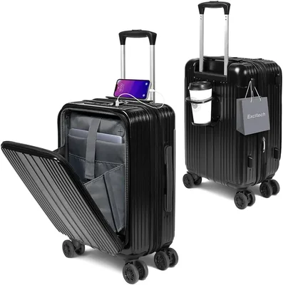 EXCITECH ビジネススーツケース、フロント開閉式、拡張機能付き、ストッパー・ドリンクホルダー付属、キャリーバッグ、ビジネス用