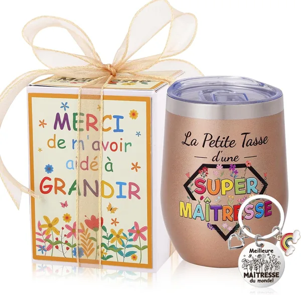 Cadeau Maîtresse Fin d'Année avec Tasse Isotherme 12oz Inox 304, Porte-Clés, Carte Remerciement