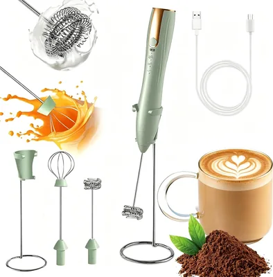 Rechargeable Milk Frother Handheld with Stand, Stainless Steel Whisk