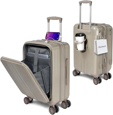 EXCITECH ビジネス スーツケース キャリーバッグ 前開き 拡張機能 ストッパー・ドリンクホルダー付き
