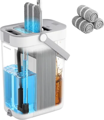 SONGMICS Mop con Secchiello, Acqua Pulita/Sporcata Separata, Secchiello a 3 Comparti, Striscio, Mop Piatto, Testa a 360°, 3 Micro