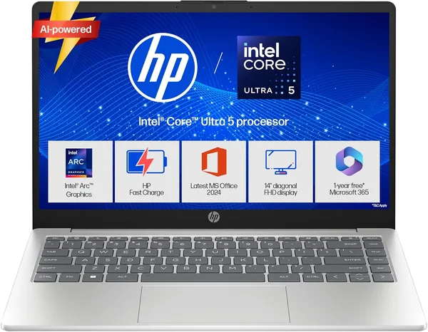 HP 14 इंटेल कोर अल्ट्रा 5 125H (24GB DDR5, 1TB SSD) माइक्रो-एज, एंटी-ग्लेयर, FHD, 14''/35.6cm, विंडोज 11, M365* ऑफिस 24, सिल्वर - 37% ऑफ