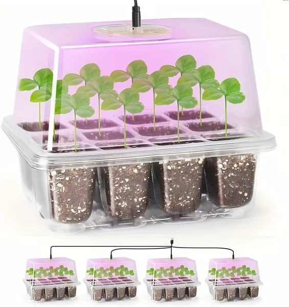 4 Packs Seed Starter Tray with Plant Light, Elevated Seedling Starter Trays Kits with Adjustable Humidity Domes and Clear Cell Tray, 12 Full Spectrum led lamp Beads for Plants Indo