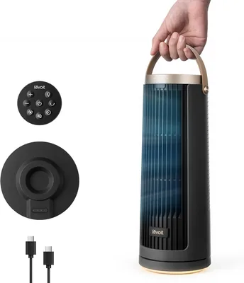 Levoit Kompakt-Turmventilator mit Batterie DC-Motor - Leise ab 20dB - 7m/s Kühlventilator - 5 Stufen/90° Schwingung