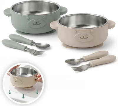 Bol de Acero Inoxidable Broemba con Cupula Adhesiva para Bebés + Cuchillos - Set de 2 Bolas con Cuchillos - Libre de BPA para Utensilios Infantiles