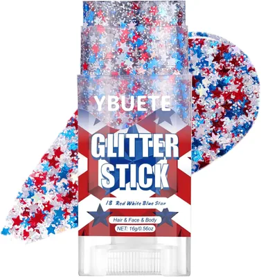 YBUETE Red White Blue Star Face Body Glitter Stick, 4th of July Glitter, Patriotic Makeup USA Flag A