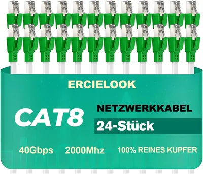 Ercielook Netzwerkkabel LAN 0,15 m (inkl. Stecker) Packung mit 24 - Hochgeschwindigkeits-Netzwerkkabel Cat8 40 Gbps für Server