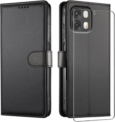 Cover JUNETOP per OPPO A6x/A6k/A6 (4G/5G) con Vetro Temperato, Nero | Custodia in Pelle Sintetica