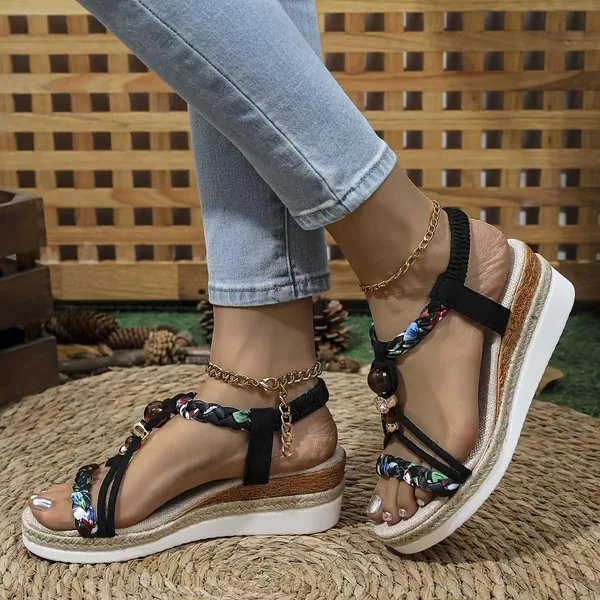 Sandalias de plataforma bohemia con cuentas para mujer - Cuña de espadrilla de tobillo elástico - Zapatillas de verano para la playa