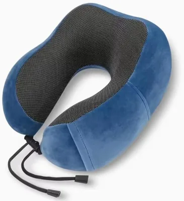 Memory Foam Travel Neck Pillow - Blue, Adjustable Strap, 360° Support, Soft Cover, Washable