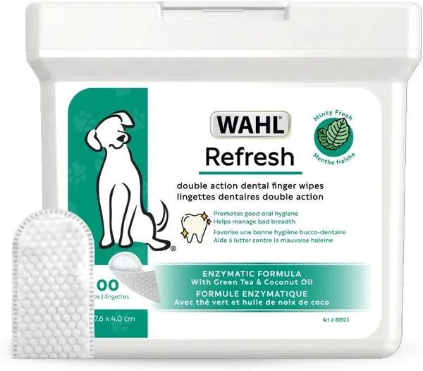Wahl Refresh Dental Finger Wipes for Dogs - Dual Sided Silicone & Soft Pearl Textures, Enzymatic Formula for Plaque Removal & Fresh Breath, Easy Daily Pet Dental Care, Minty Fresh
