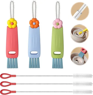 Kit Genérico Cepillo de Limpieza START MAKERS 6 Unidades, 3 Tapas Floral y 3 Limpia Popotes Extra Largos de Acero