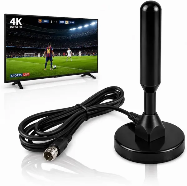 Antena Digital Interna e Externa para TV Sinal HD UHD - Cabo 5m Base Magnética - Compatível com Todas TVs - Alta Captação de Sinal - Preto