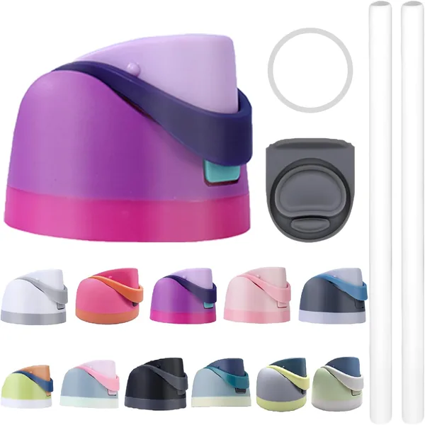 Replacement Lid for Cup 16oz 24oz 32oz 40oz, One Button Water Bottle Top with 2 Silicone Straws,Stopper and O Ring Gasket, Leakproof BPA-Free Cup Accessories (Pinkish Purple)