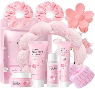 Sakura 8 Pieza Juego de Cuidado Facial, Juego Diario de Cuidado de la Piel | con limpiador, tónico facial, diadema, banda para el cabello, clips para el cabello, pulsera