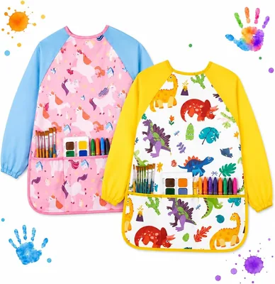 2 Delantales para pintura artística niños, Bata arte lavable mangas largas con 3 bolsillos para dibujar