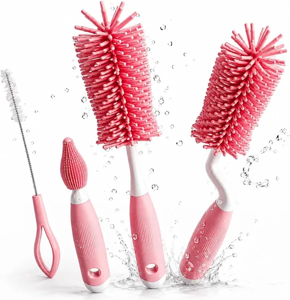 4-in-1 Bottle Brush Set - 360  Rotating Silicone Cleaning Brush with Nipple Brush & Straw Cleaner, BPA-Free Bottle Cleaning Kit
