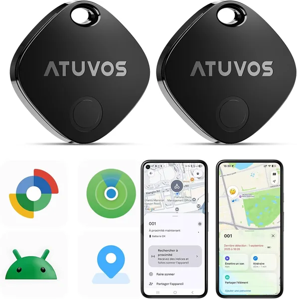 ATUVOS Air Tag Tracker - Kit de 2 Tags Intelligents Android, Compatible avec l'Application Google et Apple Locate, Localisateurs Bluetooth