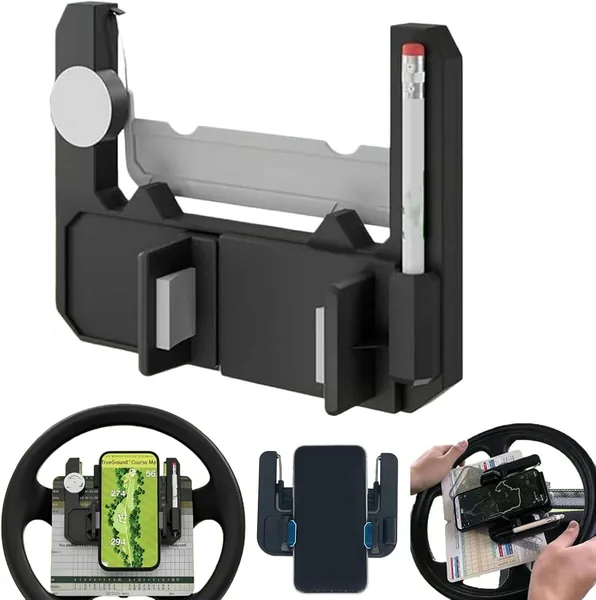 Golf Cart Steering Wheel Phone Holder | Universal Flip Up Golf Cart Cell Phone Mount with Scorecard Holder & Ball Marker Slot | Tool-Free Quick Installation