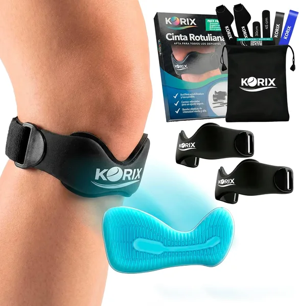 KORIX Premium Pack of 2 Silicone Sports Patellar Knee Pads + 2 Elastic Bands + 4 Adjustable Straps + Exercise Guide + Bag | Patellar Stabilizer Tape | Non-Slip | Latest Generation