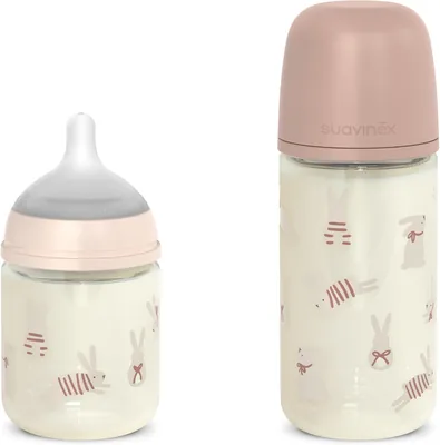 Suavinex, Pack de 2 Botellas de Vidrio, Tetina Pro Silicona Fisiológica con Válvula Anti-Colic, Botella Lenta Flujo (S) + 24