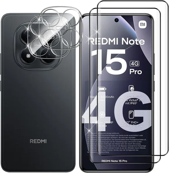 Vetro Temperato Lutree per Xiaomi Redmi Note 15 Pro 4G, Pellicola Protettiva 3D + Protezione Fotocamera - 2+2 Pezzi - HD Durezza