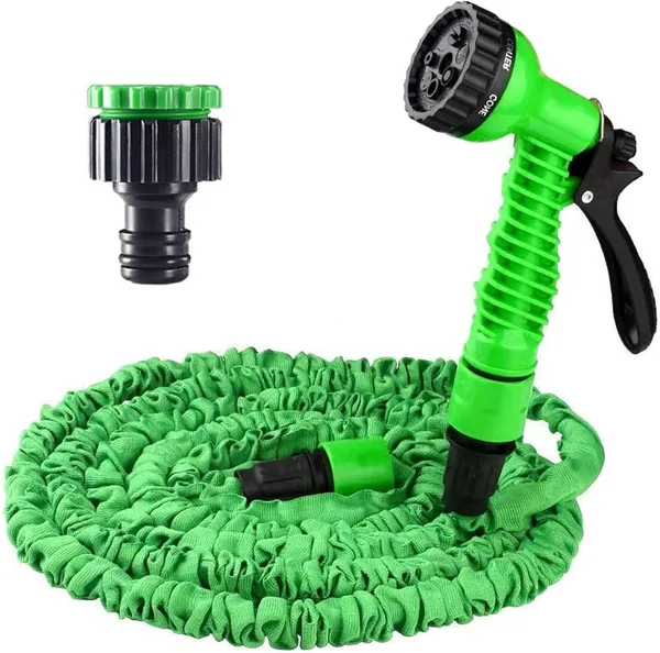 15M Green Flexible Water Hose Extendable Water Hose with 7 Function Spray Head and Quick Adapters for Garden Watering Car Washing Animal Bathing