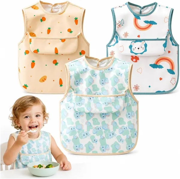 Qibivfo Pack de 3 Bibs Impermeables para Bebés, Bib con Manga Sleeveless y Bolsillo Recolector, Fácil de Limpiar Bib de Plástico Suave para Niños