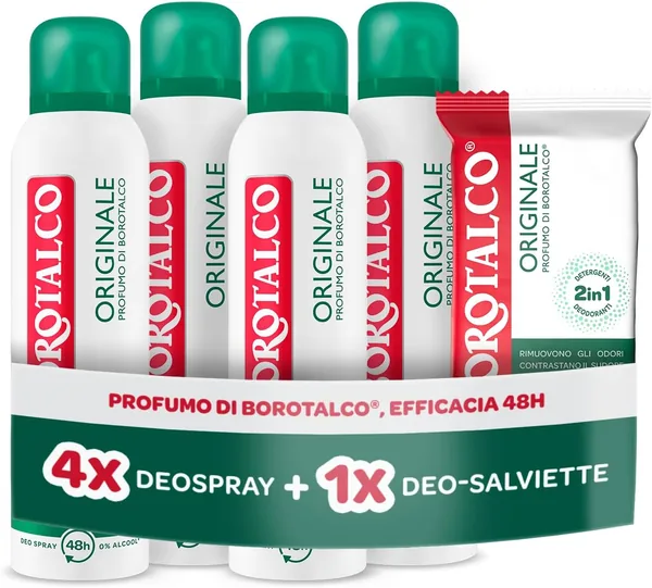 Borotalco Kit con 4 Deodoranti Spray e Deo-Wipes, Talco Vegetale e Molecole Anti-Odore, Deodorante e Detergente - Best Deal