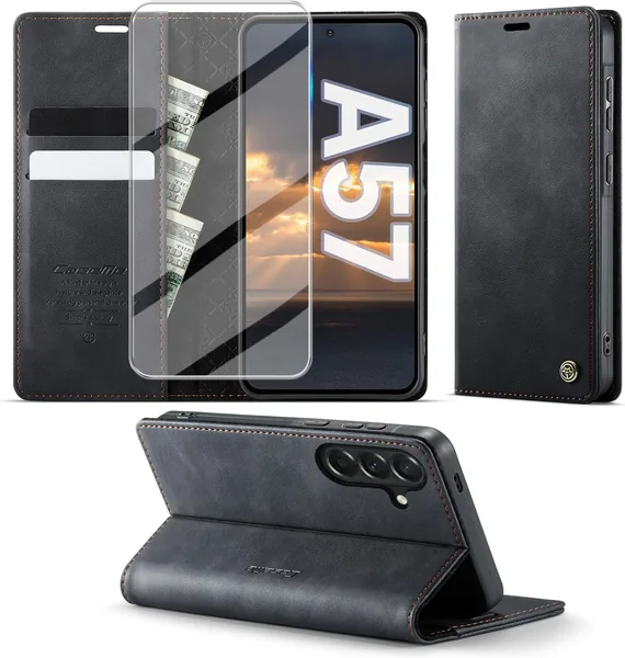 Étui Samsung Galaxy A57 5G avec Verre Trempé [Housse en PU Premium] [Pochet Portefeuille] [Couverture Protectrice à Flip]