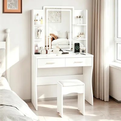 Beauty Makeup Vanity Table - LED Mirror & Stool, Modern Dressing Table