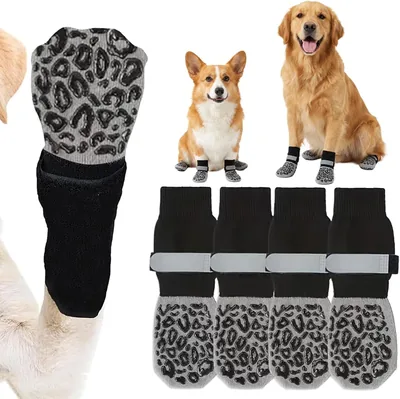LANRUTU 4 Calcetines Antideslizantes para Perros con Tira Reflectante Ajustable, Algodón Transpirable y Cómodos, Preven Caídas