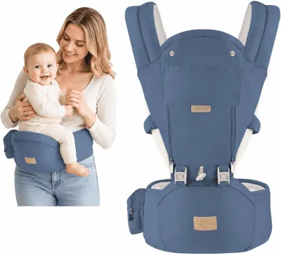 RooRound Baby Carrier, Breathable Grid Blue Cotton, 0-36 Months
