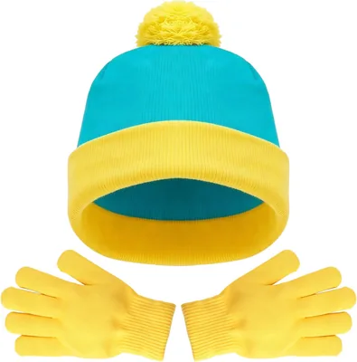Bohue 2Pcs Yellow Blue Knit Hat Set with Yellow Gloves Winter Beanie Hat and Gloves Costume Accessor