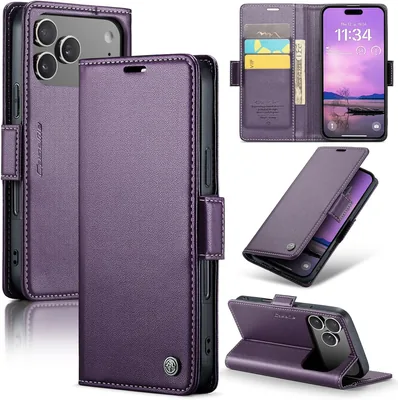 oiysrtoc iPhone 17 Pro Case, Premium PU Leder Och RFID Blokkering, 3 Kartfalkor, Stånd, Magnetisk Klipp, Brun